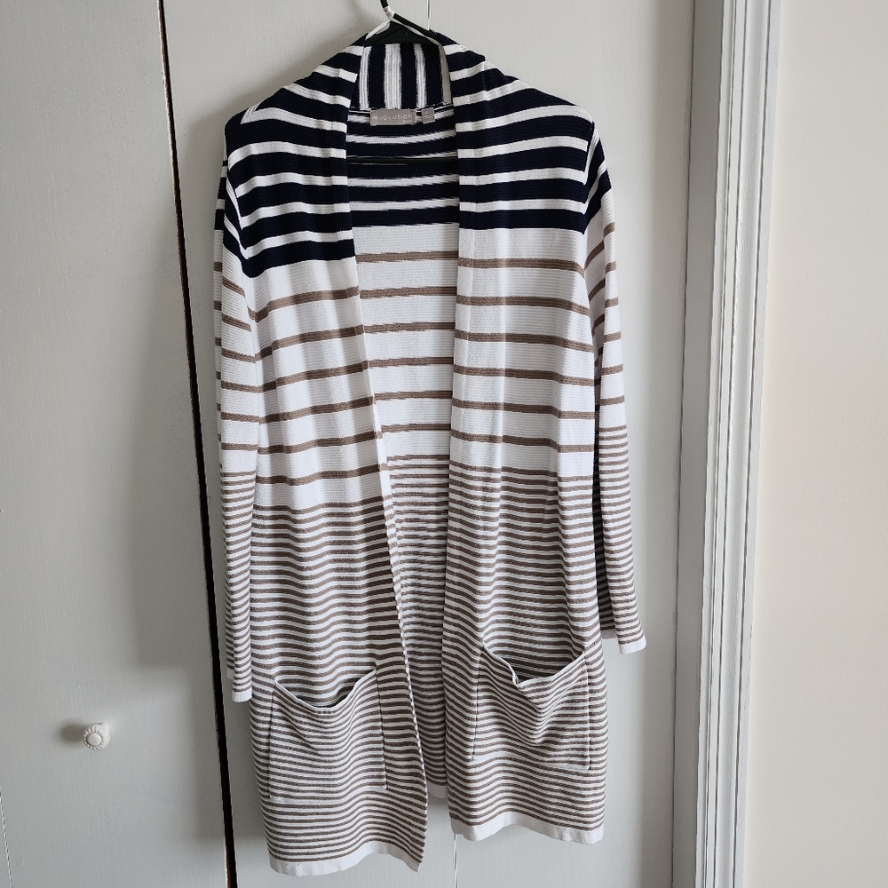 Evolution By Cyrus Navy and Tan Striped Women's Cardigan